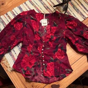 Free People Stunning Wine Red Floral Blouse,  XS, NWT